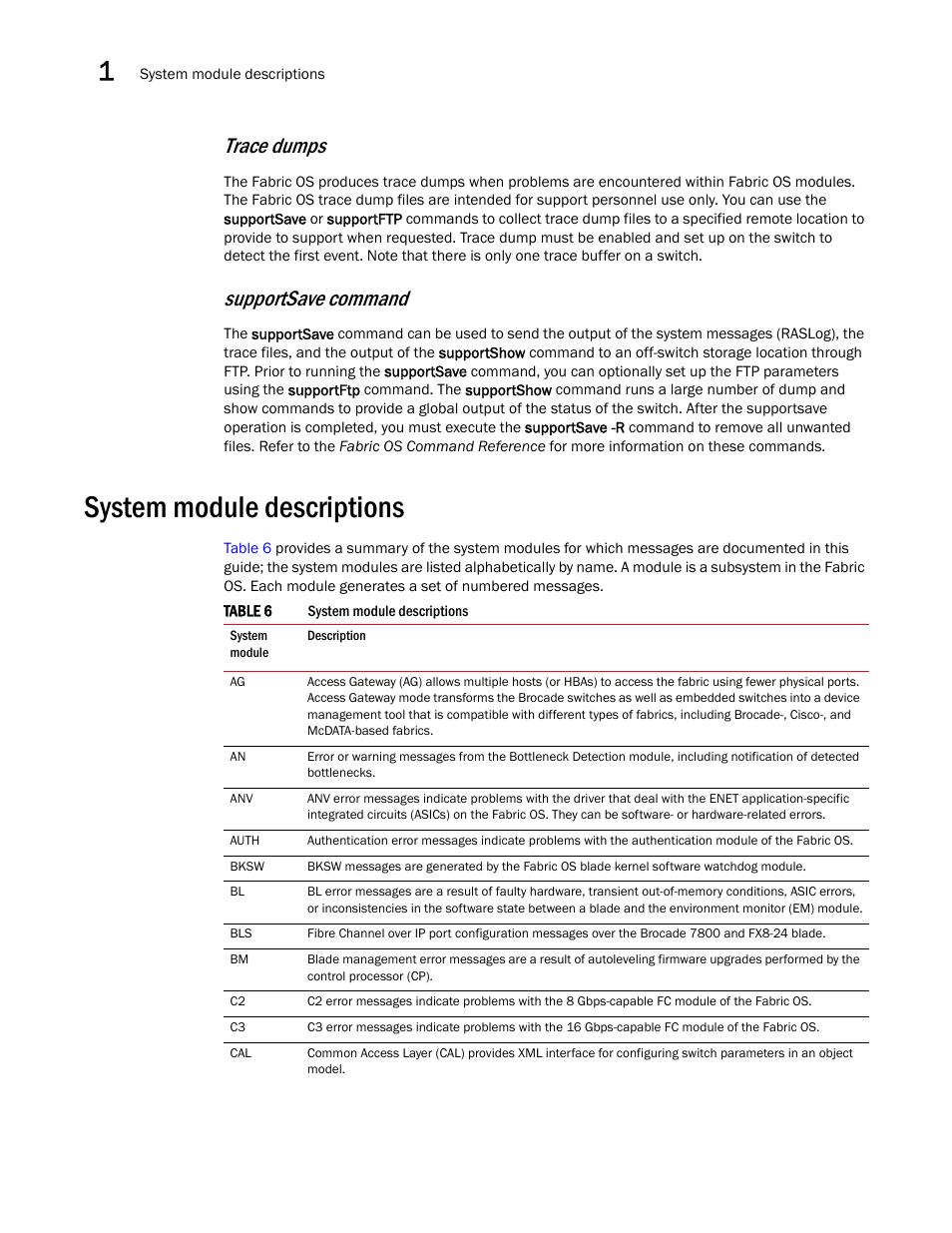 System module descriptions, Trace dumps, Supportsave command | Brocade Fabric OS Message Reference (Supporting Fabric OS v7.3.0) User Manual | Page 50 / 1008