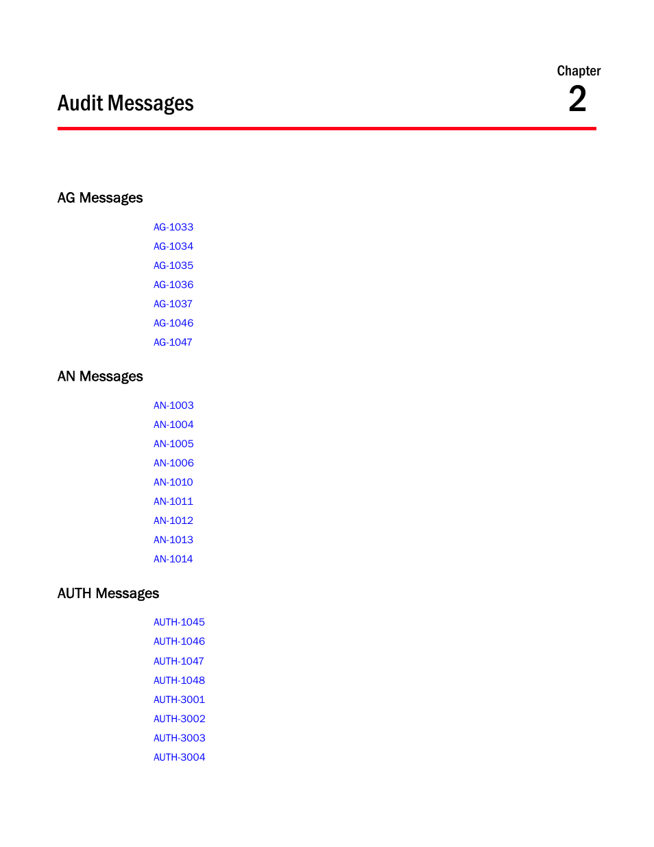 Audit messages, Ag messages, An messages | Auth messages, Chapter 2, Chapter 2, “audit messages, Chapter | Brocade Fabric OS Message Reference (Supporting Fabric OS v7.3.0) User Manual | Page 59 / 1008