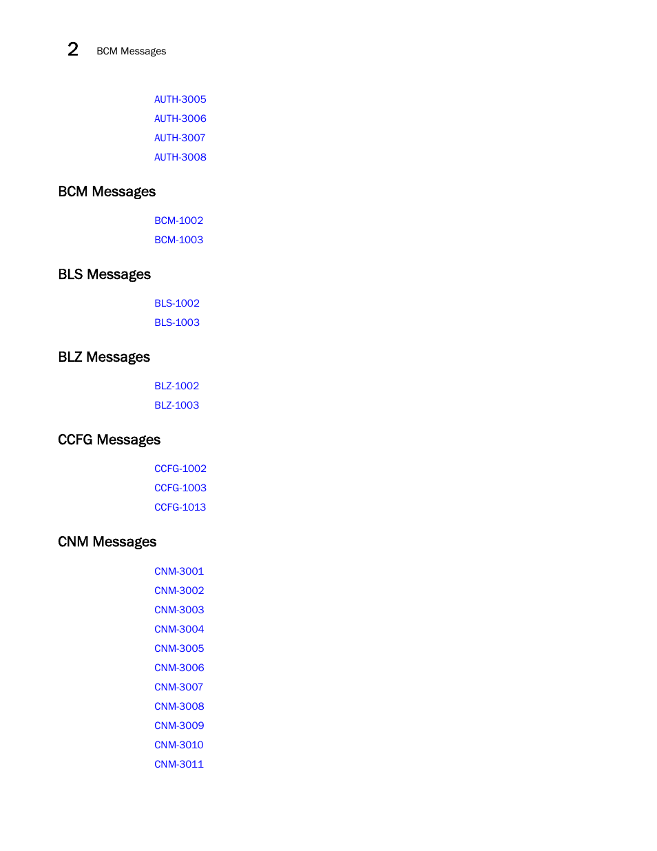 Bcm messages, Bls messages, Blz messages | Ccfg messages, Cnm messages | Brocade Fabric OS Message Reference (Supporting Fabric OS v7.3.0) User Manual | Page 60 / 1008