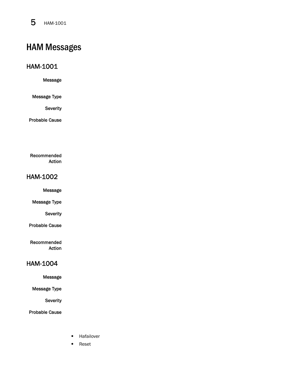 Ham messages, Ham-1001, Ham-1002 | Ham-1004 | Brocade Fabric OS Message Reference (Supporting Fabric OS v7.3.0) User Manual | Page 606 / 1008