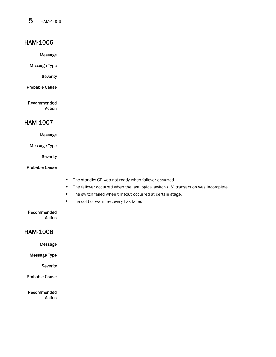 Ham-1006, Ham-1007, Ham-1008 | Brocade Fabric OS Message Reference (Supporting Fabric OS v7.3.0) User Manual | Page 608 / 1008