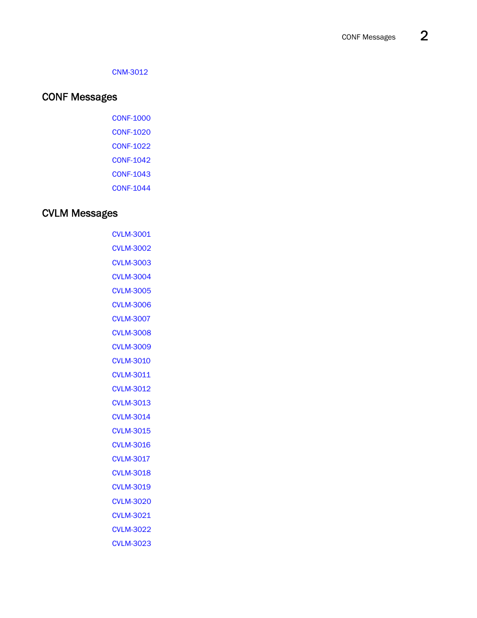 Conf messages, Cvlm messages | Brocade Fabric OS Message Reference (Supporting Fabric OS v7.3.0) User Manual | Page 61 / 1008