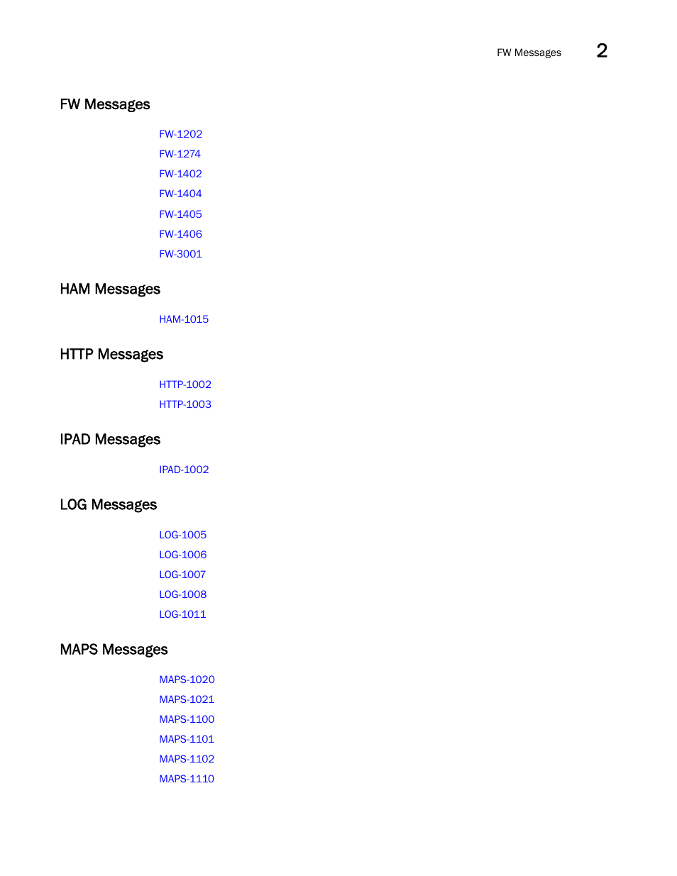 Fw messages, Ham messages, Http messages | Ipad messages, Log messages, Maps messages | Brocade Fabric OS Message Reference (Supporting Fabric OS v7.3.0) User Manual | Page 63 / 1008