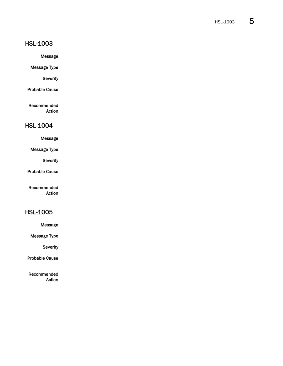 Hsl-1003, Hsl-1004, Hsl-1005 | Brocade Fabric OS Message Reference (Supporting Fabric OS v7.3.0) User Manual | Page 635 / 1008