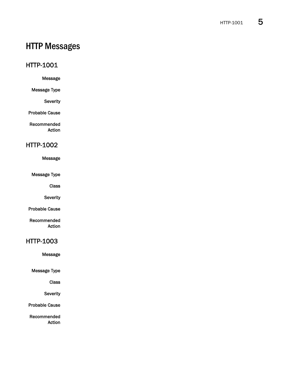 Http messages, Http-1001, Http-1002 | Http-1003 | Brocade Fabric OS Message Reference (Supporting Fabric OS v7.3.0) User Manual | Page 637 / 1008
