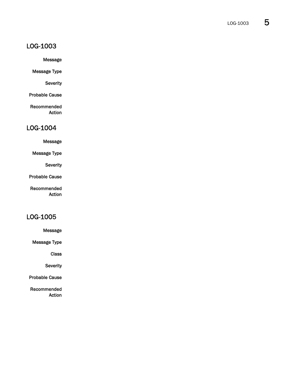 Log-1003, Log-1004, Log-1005 | Brocade Fabric OS Message Reference (Supporting Fabric OS v7.3.0) User Manual | Page 665 / 1008