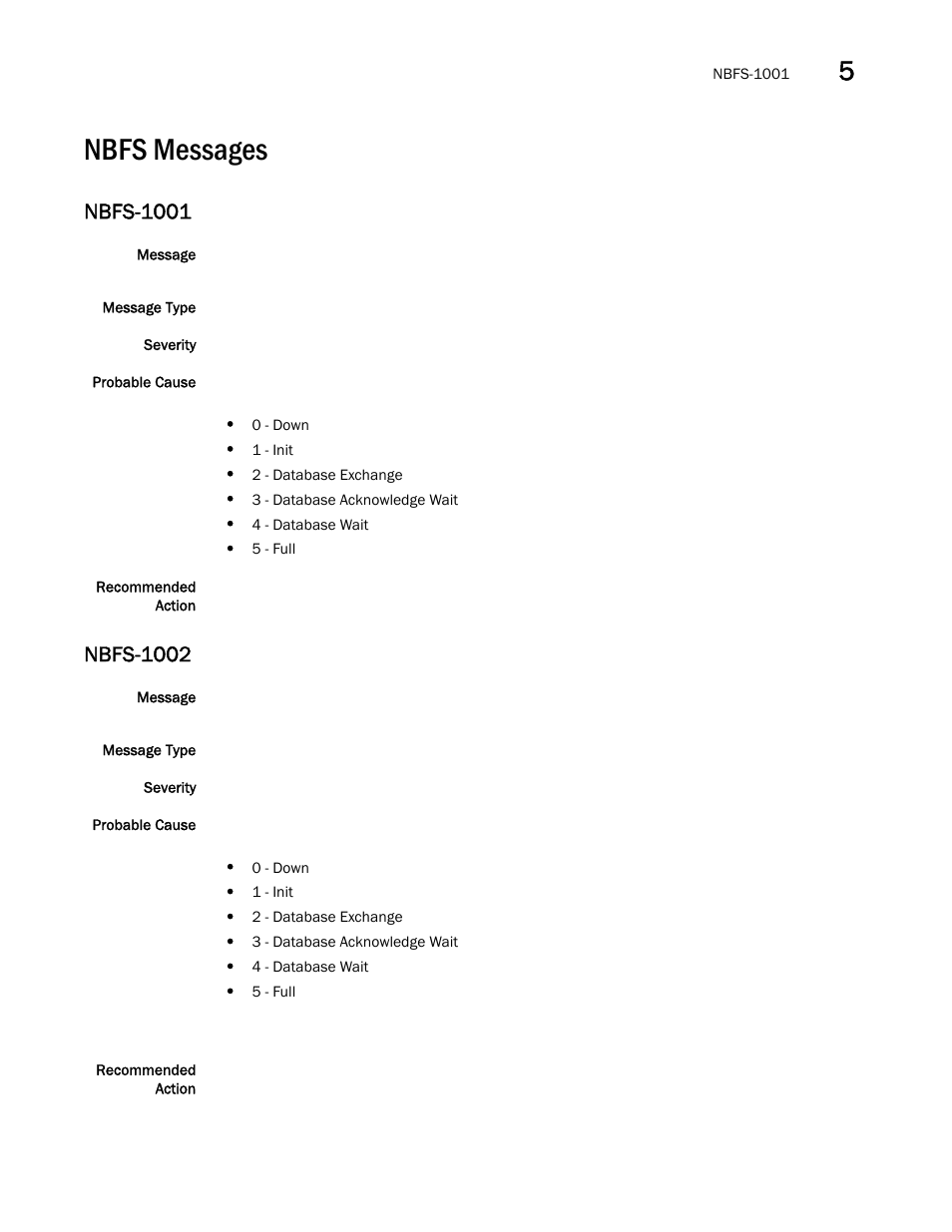 Nbfs messages, Nbfs-1001, Nbfs-1002 | Brocade Fabric OS Message Reference (Supporting Fabric OS v7.3.0) User Manual | Page 705 / 1008