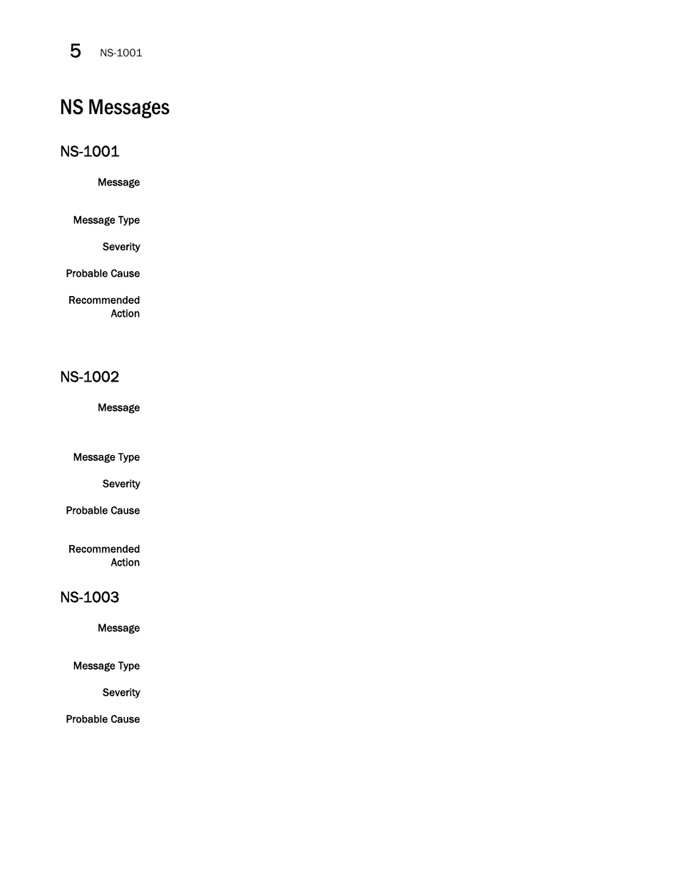 Ns messages, Ns-1001, Ns-1002 | Ns-1003 | Brocade Fabric OS Message Reference (Supporting Fabric OS v7.3.0) User Manual | Page 708 / 1008