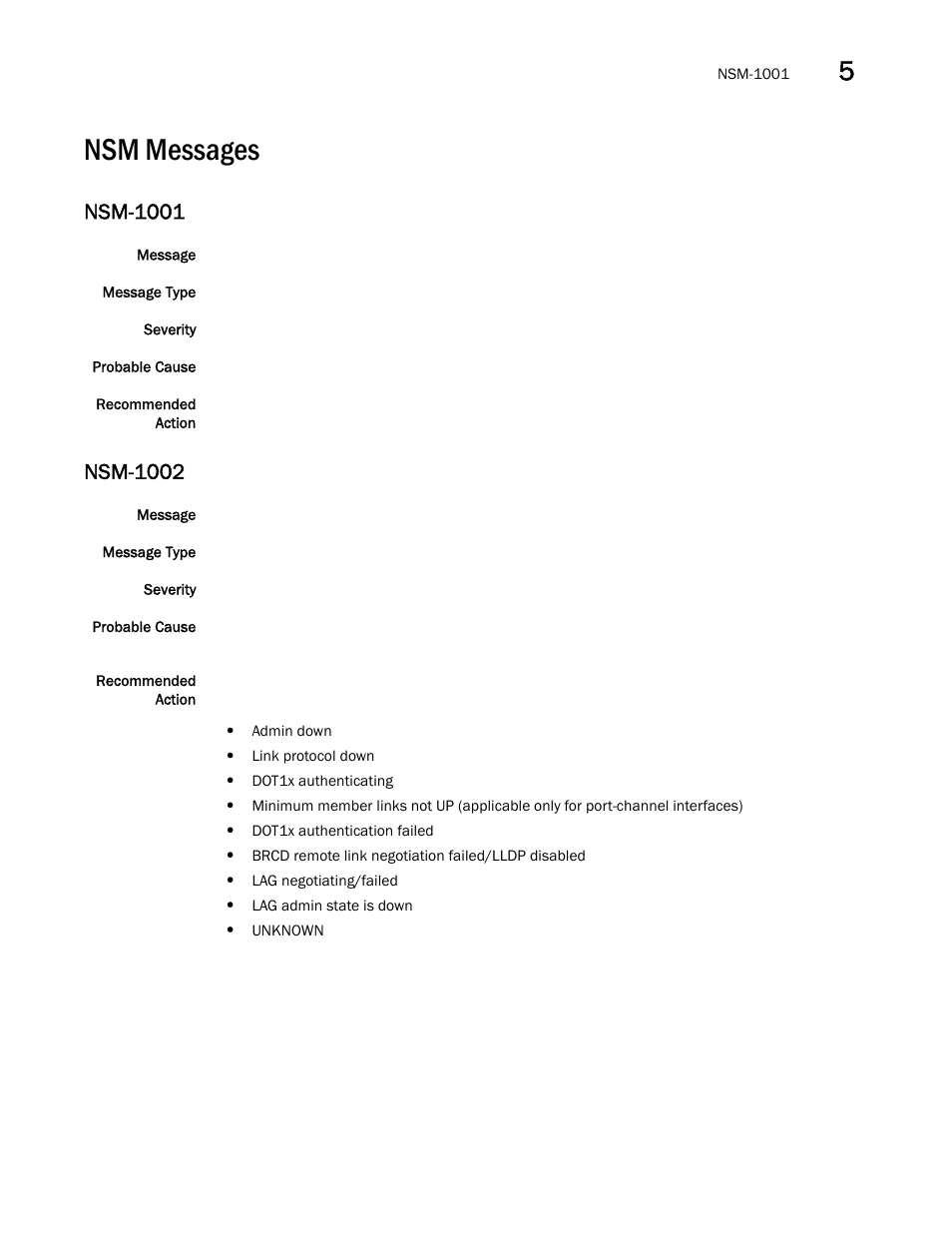 Nsm messages, Nsm-1001, Nsm-1002 | Brocade Fabric OS Message Reference (Supporting Fabric OS v7.3.0) User Manual | Page 713 / 1008