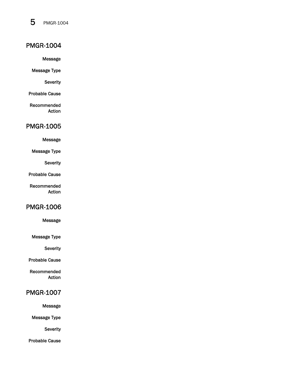 Pmgr-1004, Pmgr-1005, Pmgr-1006 | Pmgr-1007 | Brocade Fabric OS Message Reference (Supporting Fabric OS v7.3.0) User Manual | Page 736 / 1008