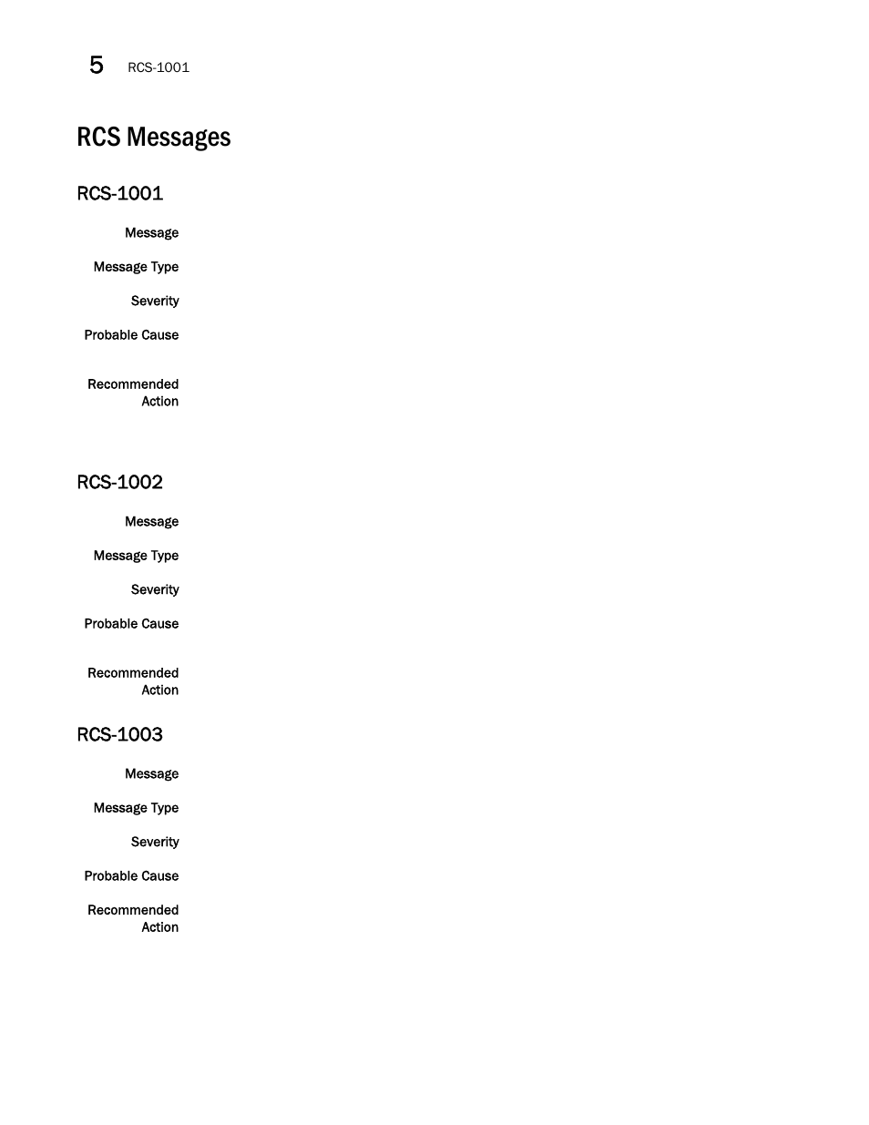 Rcs messages, Rcs-1001, Rcs-1002 | Rcs-1003 | Brocade Fabric OS Message Reference (Supporting Fabric OS v7.3.0) User Manual | Page 756 / 1008