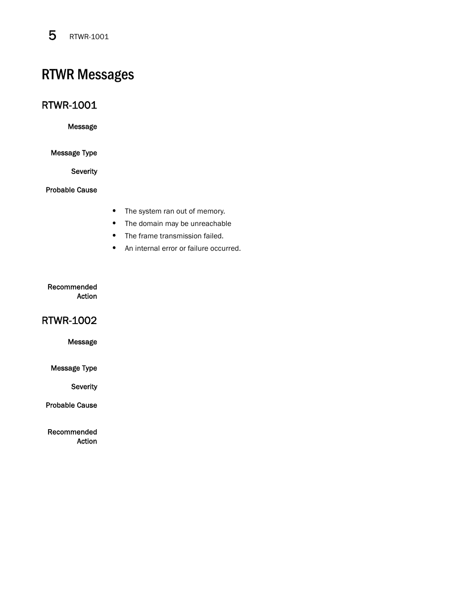 Rtwr messages, Rtwr-1001, Rtwr-1002 | Brocade Fabric OS Message Reference (Supporting Fabric OS v7.3.0) User Manual | Page 768 / 1008