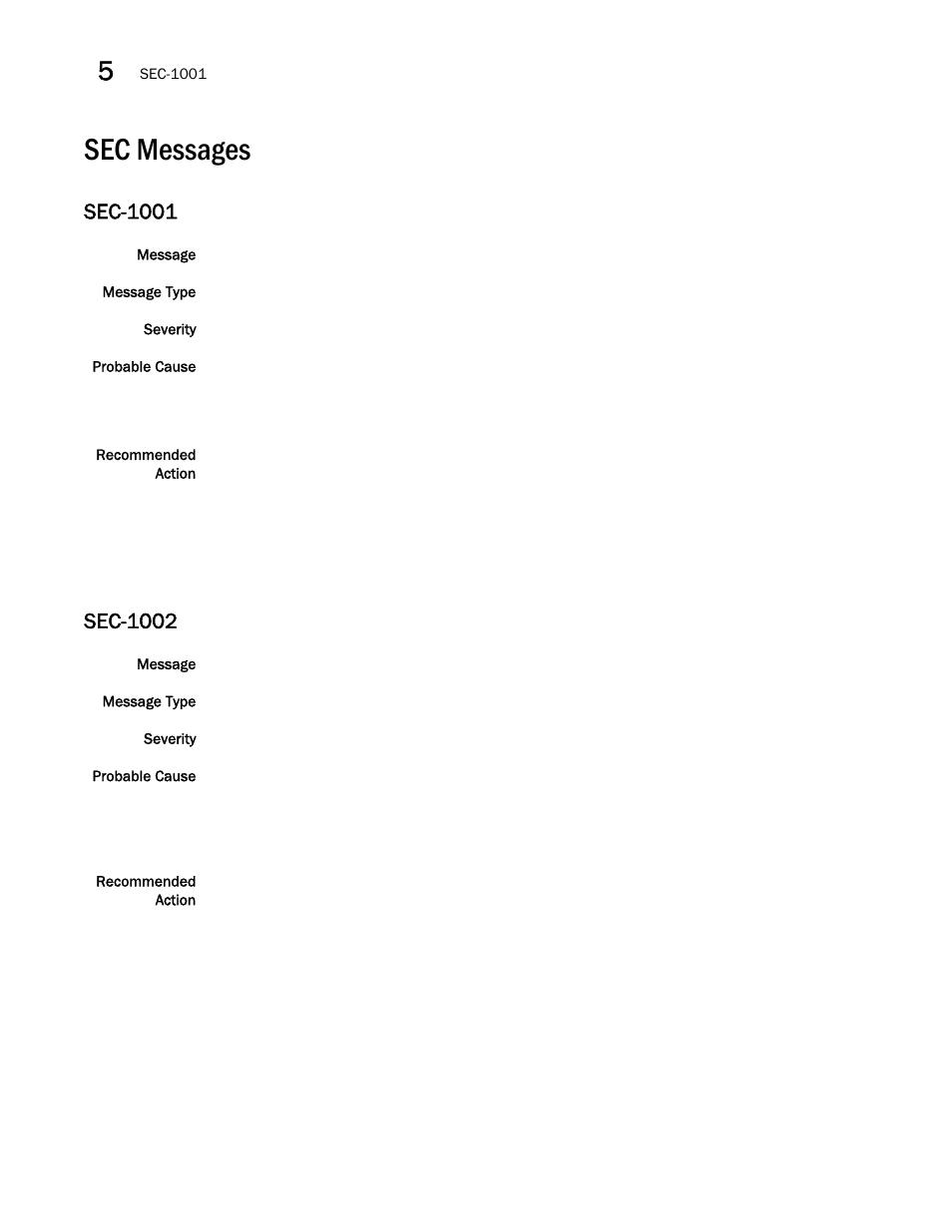Sec messages, Sec-1001, Sec-1002 | Brocade Fabric OS Message Reference (Supporting Fabric OS v7.3.0) User Manual | Page 772 / 1008