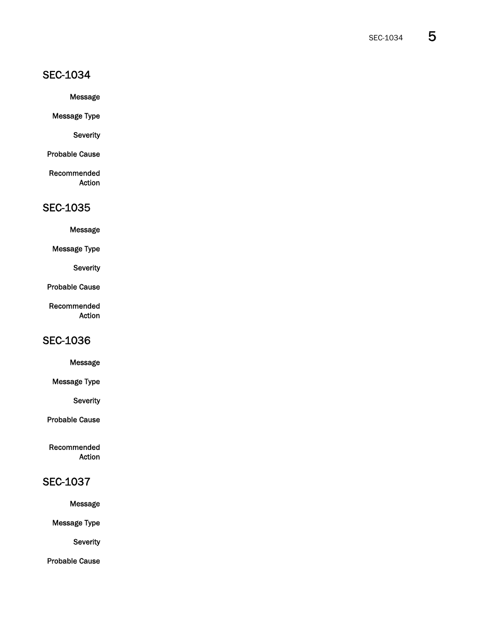 Sec-1034, Sec-1035, Sec-1036 | Sec-1037 | Brocade Fabric OS Message Reference (Supporting Fabric OS v7.3.0) User Manual | Page 779 / 1008