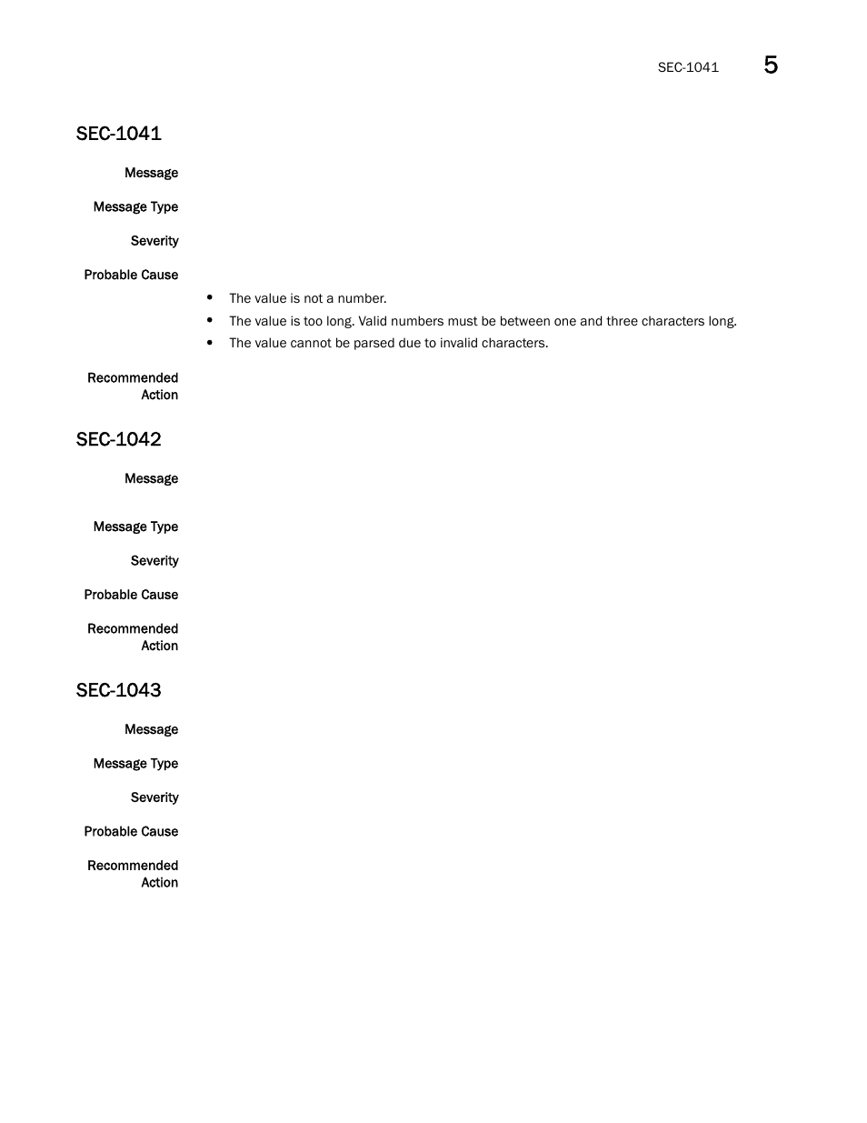 Sec-1041, Sec-1042, Sec-1043 | Brocade Fabric OS Message Reference (Supporting Fabric OS v7.3.0) User Manual | Page 781 / 1008