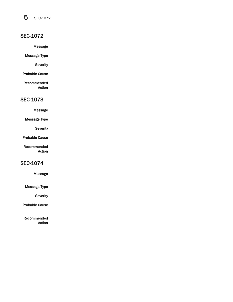 Sec-1072, Sec-1073, Sec-1074 | Brocade Fabric OS Message Reference (Supporting Fabric OS v7.3.0) User Manual | Page 788 / 1008