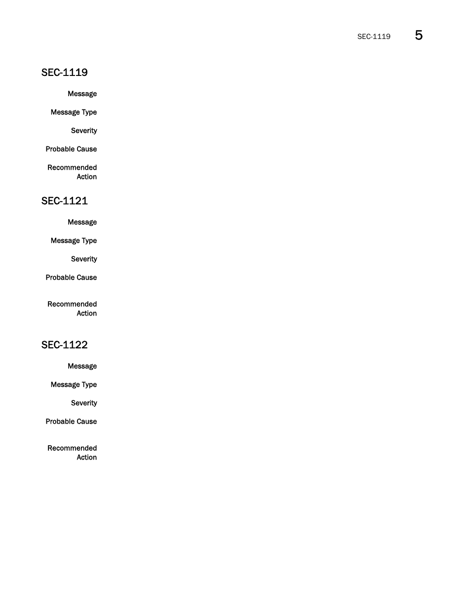 Sec-1119, Sec-1121, Sec-1122 | Brocade Fabric OS Message Reference (Supporting Fabric OS v7.3.0) User Manual | Page 803 / 1008