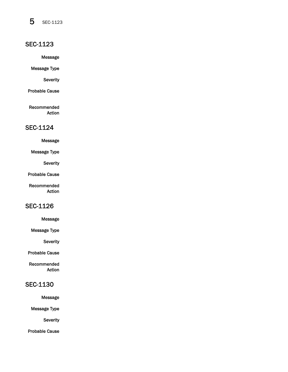 Sec-1123, Sec-1124, Sec-1126 | Sec-1130 | Brocade Fabric OS Message Reference (Supporting Fabric OS v7.3.0) User Manual | Page 804 / 1008