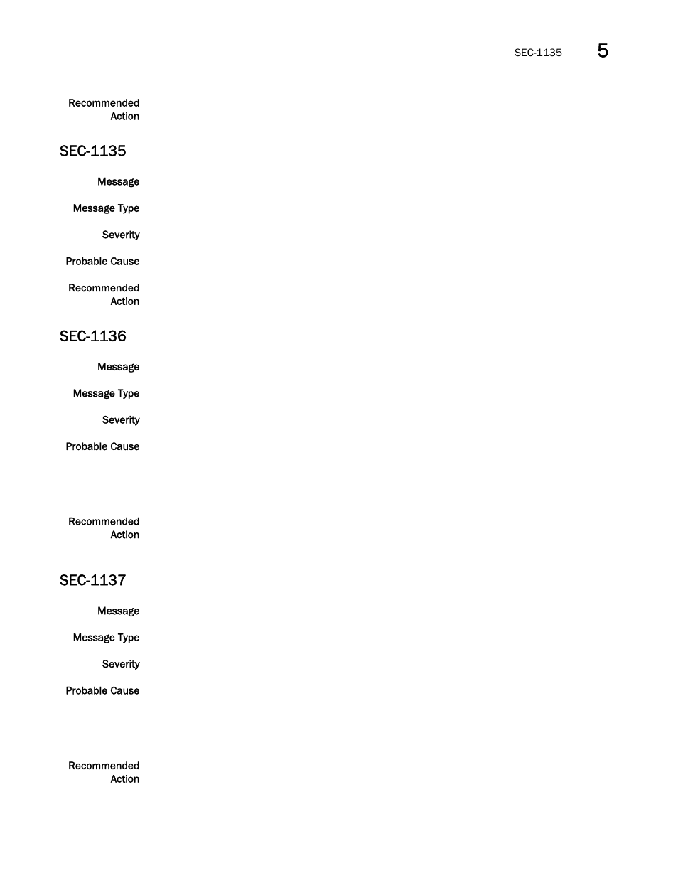 Sec-1135, Sec-1136, Sec-1137 | Brocade Fabric OS Message Reference (Supporting Fabric OS v7.3.0) User Manual | Page 805 / 1008