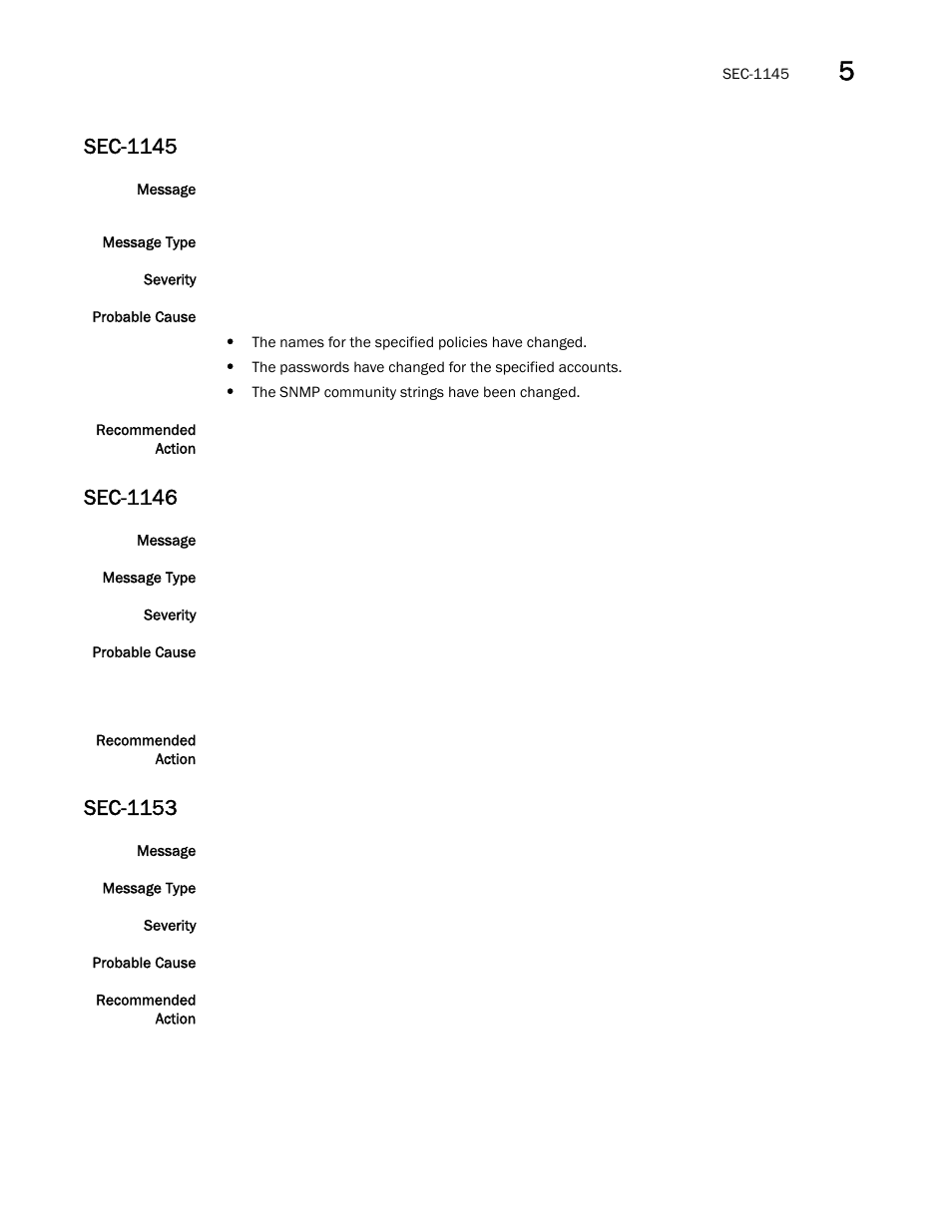 Sec-1145, Sec-1146, Sec-1153 | Brocade Fabric OS Message Reference (Supporting Fabric OS v7.3.0) User Manual | Page 807 / 1008