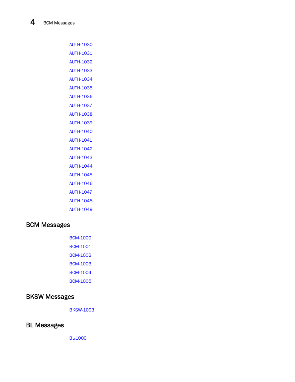 Bcm messages, Bksw messages, Bl messages | Brocade Fabric OS Message Reference (Supporting Fabric OS v7.3.0) User Manual | Page 82 / 1008