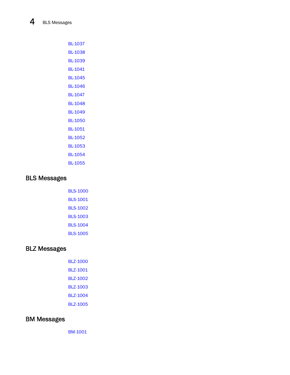 Bls messages, Blz messages, Bm messages | Brocade Fabric OS Message Reference (Supporting Fabric OS v7.3.0) User Manual | Page 84 / 1008