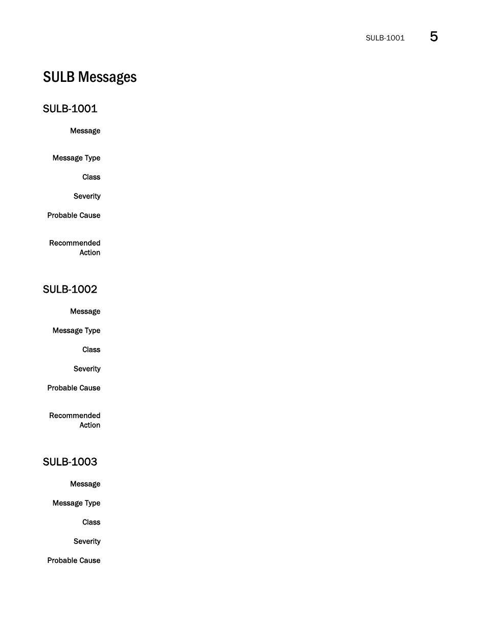 Sulb messages, Sulb-1001, Sulb-1002 | Sulb-1003 | Brocade Fabric OS Message Reference (Supporting Fabric OS v7.3.0) User Manual | Page 911 / 1008
