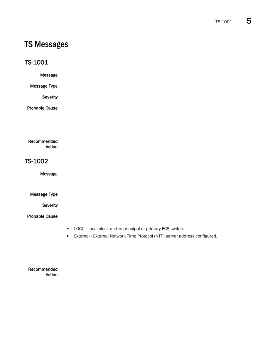 Ts messages, Ts-1001, Ts-1002 | Brocade Fabric OS Message Reference (Supporting Fabric OS v7.3.0) User Manual | Page 953 / 1008