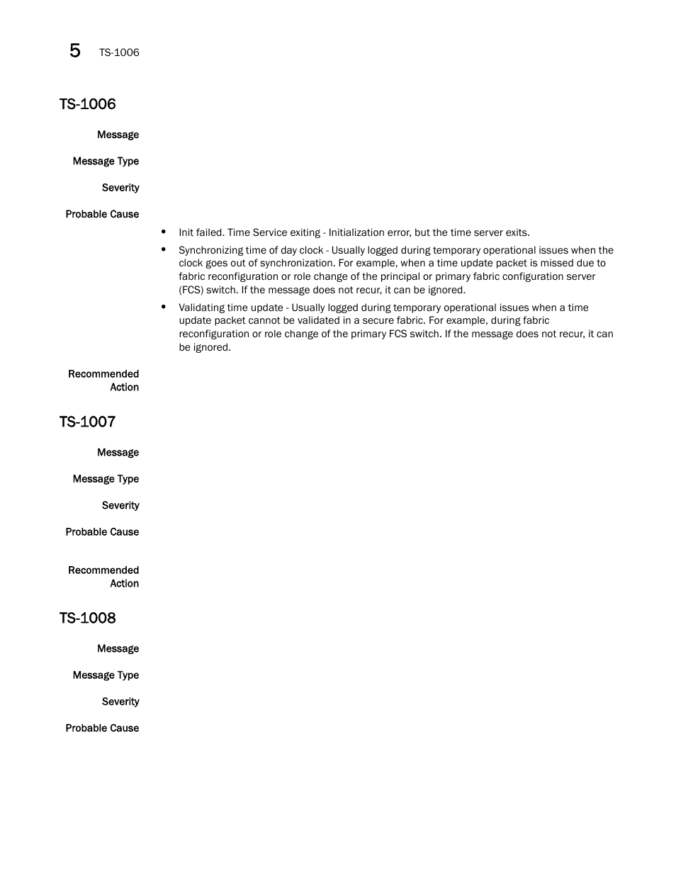 Ts-1006, Ts-1007, Ts-1008 | Brocade Fabric OS Message Reference (Supporting Fabric OS v7.3.0) User Manual | Page 954 / 1008