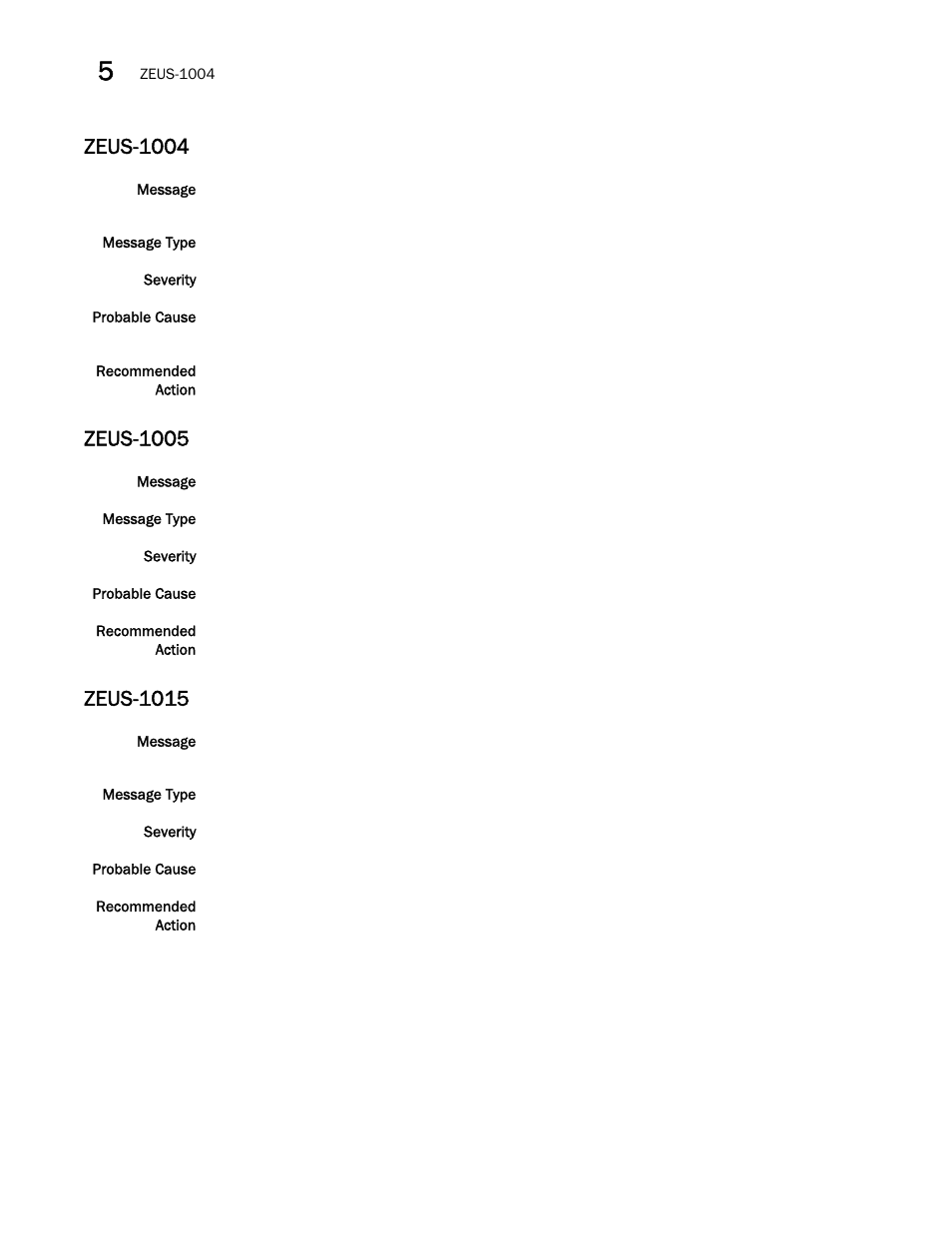 Zeus-1004, Zeus-1005, Zeus-1015 | Brocade Fabric OS Message Reference (Supporting Fabric OS v7.3.0) User Manual | Page 984 / 1008