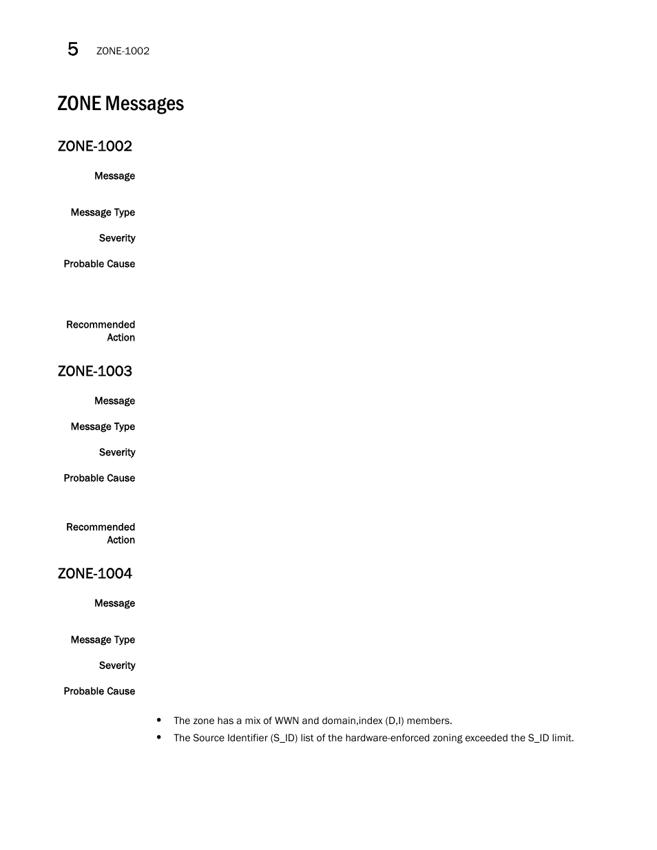 Zone messages, Zone-1002, Zone-1003 | Zone-1004 | Brocade Fabric OS Message Reference (Supporting Fabric OS v7.3.0) User Manual | Page 986 / 1008
