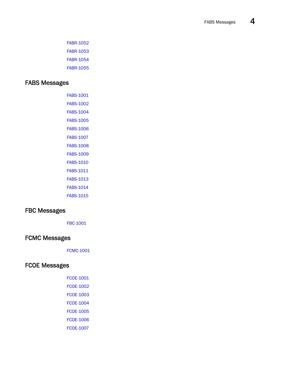 Fabs messages, Fbc messages, Fcmc messages | Fcoe messages | Brocade Fabric OS Message Reference (Supporting Fabric OS v7.3.0) User Manual | Page 99 / 1008