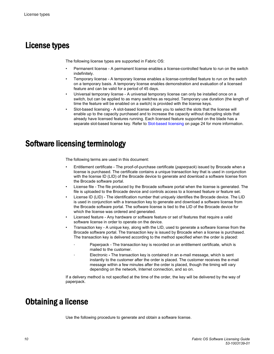 License types, Software licensing terminology, Obtaining a license | Brocade Fabric OS Software Licensing Guide (Supporting Fabric OS v7.3.0) User Manual | Page 12 / 58