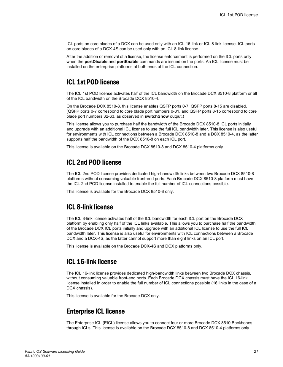 Icl 1st pod license, Icl 2nd pod license, Icl 8-link license | Icl 16-link license, Enterprise icl license | Brocade Fabric OS Software Licensing Guide (Supporting Fabric OS v7.3.0) User Manual | Page 23 / 58