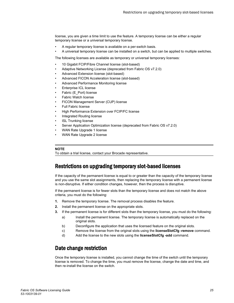 Date change restriction | Brocade Fabric OS Software Licensing Guide (Supporting Fabric OS v7.3.0) User Manual | Page 27 / 58