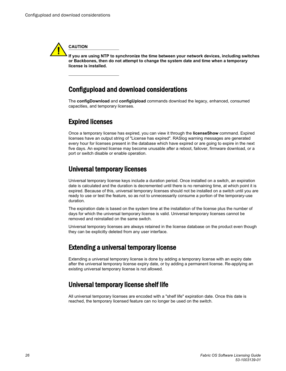 Configupload and download considerations, Expired licenses, Universal temporary licenses | Extending a universal temporary license, Universal temporary license shelf life | Brocade Fabric OS Software Licensing Guide (Supporting Fabric OS v7.3.0) User Manual | Page 28 / 58