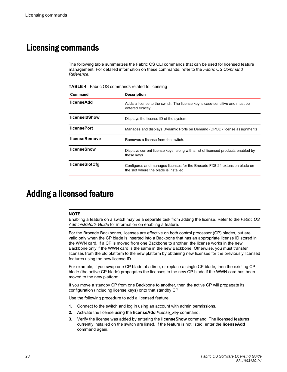 Licensing commands, Adding a licensed feature | Brocade Fabric OS Software Licensing Guide (Supporting Fabric OS v7.3.0) User Manual | Page 30 / 58