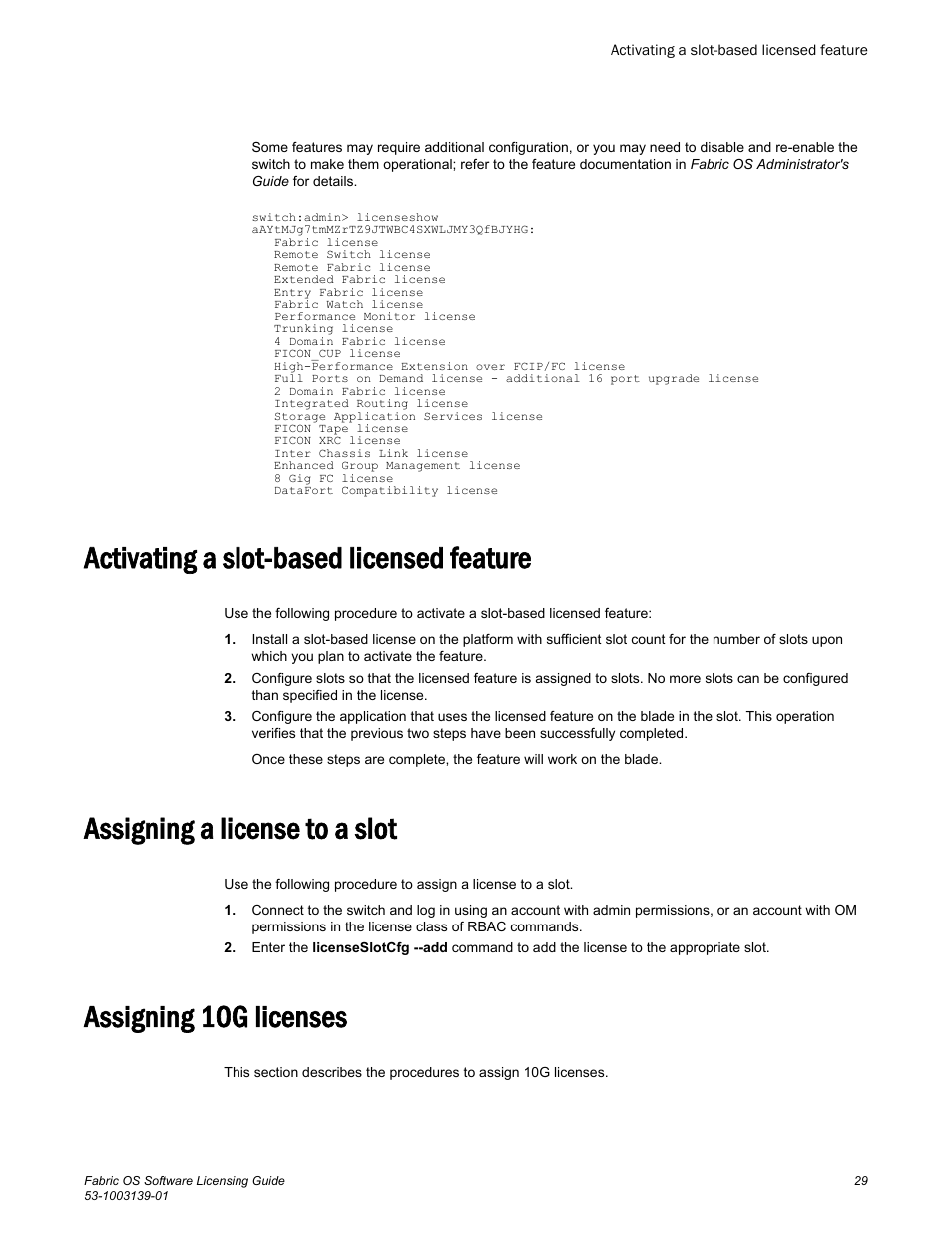 Activating a slot-based licensed feature, Assigning a license to a slot, Assigning 10g licenses | Brocade Fabric OS Software Licensing Guide (Supporting Fabric OS v7.3.0) User Manual | Page 31 / 58