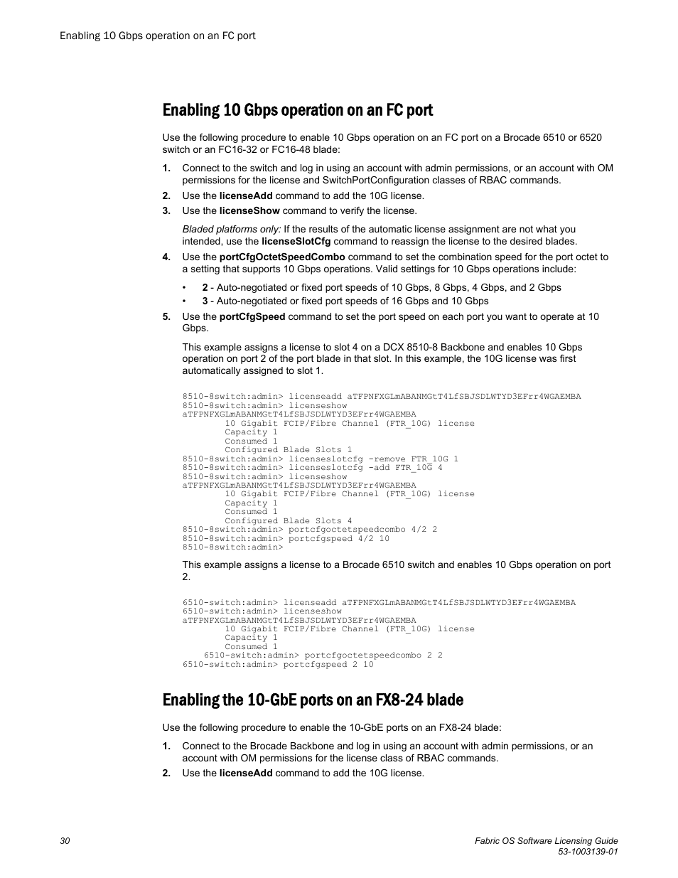 Enabling 10 gbps operation on an fc port, Enabling the 10-gbe ports on an fx8-24 blade | Brocade Fabric OS Software Licensing Guide (Supporting Fabric OS v7.3.0) User Manual | Page 32 / 58