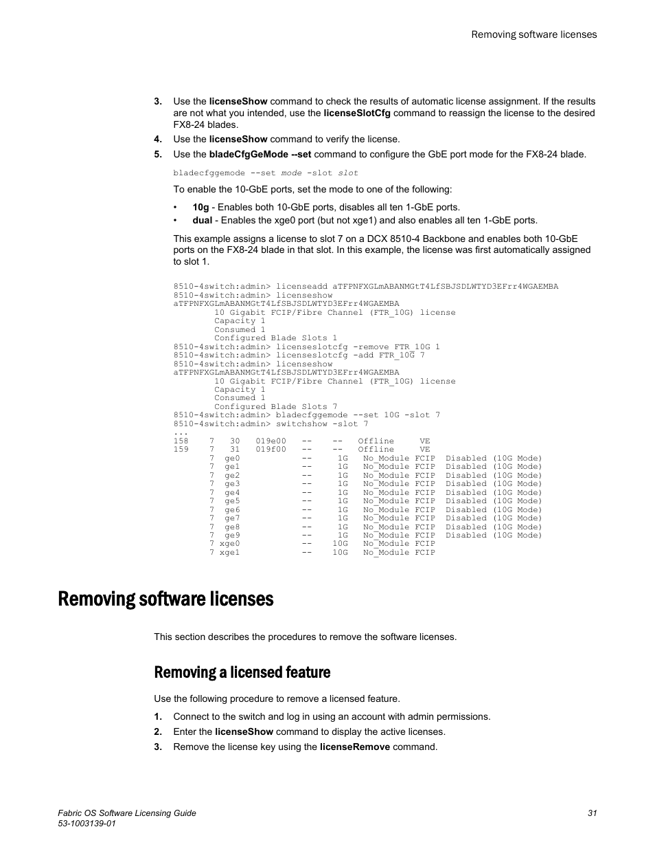 Removing software licenses, Removing a licensed feature | Brocade Fabric OS Software Licensing Guide (Supporting Fabric OS v7.3.0) User Manual | Page 33 / 58