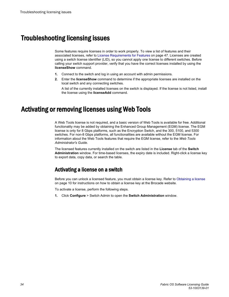 Troubleshooting licensing issues, Activating or removing licenses using web tools, Activating a license on a switch | Brocade Fabric OS Software Licensing Guide (Supporting Fabric OS v7.3.0) User Manual | Page 36 / 58