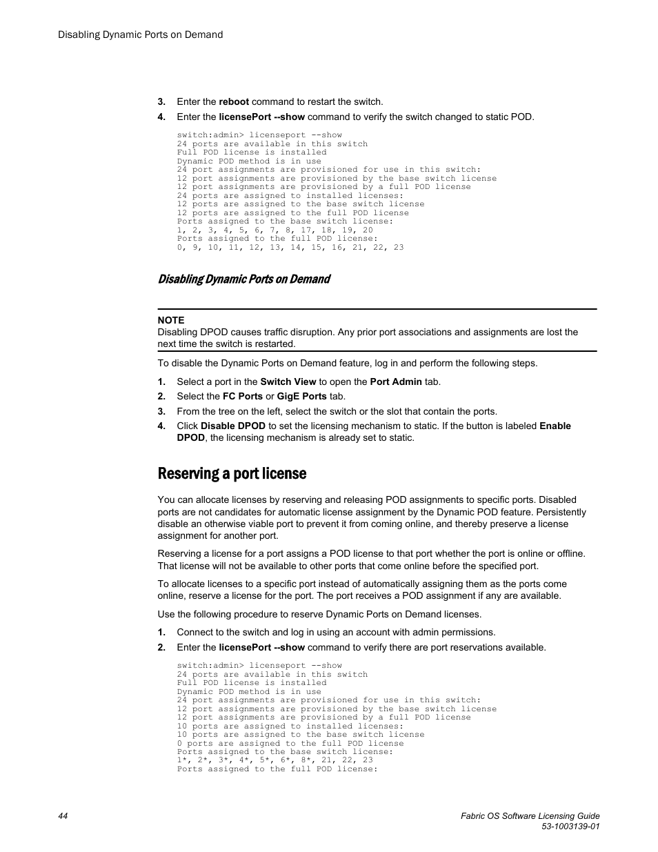 Disabling dynamic ports on demand, Reserving a port license | Brocade Fabric OS Software Licensing Guide (Supporting Fabric OS v7.3.0) User Manual | Page 46 / 58