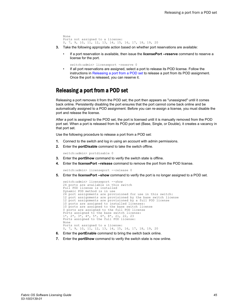 Releasing a port from a pod set | Brocade Fabric OS Software Licensing Guide (Supporting Fabric OS v7.3.0) User Manual | Page 47 / 58