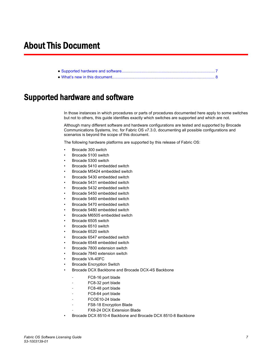 About this document, Supported hardware and software | Brocade Fabric OS Software Licensing Guide (Supporting Fabric OS v7.3.0) User Manual | Page 9 / 58