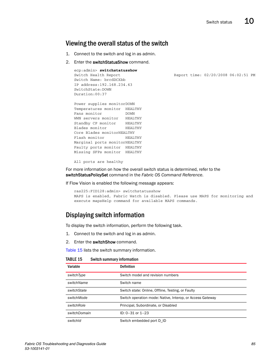Viewing the overall status of the switch, Displaying switch information | Brocade Fabric OS Troubleshooting and Diagnostics Guide (Supporting Fabric OS v7.3.0) User Manual | Page 101 / 130