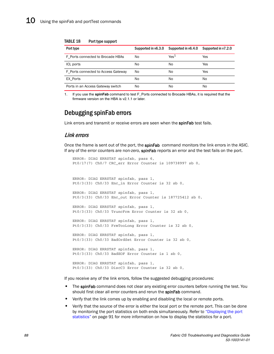 Debugging spinfab errors, Link errors | Brocade Fabric OS Troubleshooting and Diagnostics Guide (Supporting Fabric OS v7.3.0) User Manual | Page 104 / 130