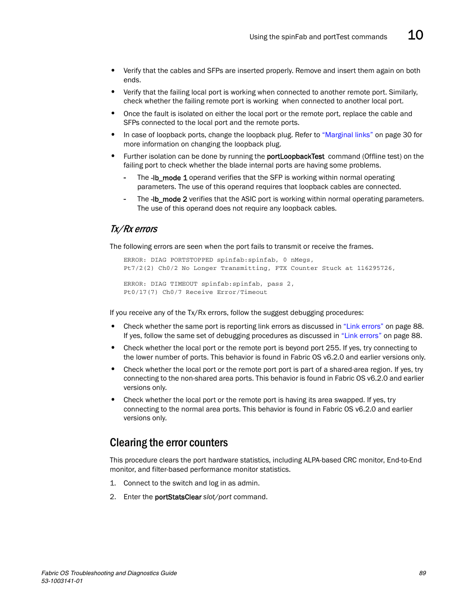 Clearing the error counters, Tx/rx errors | Brocade Fabric OS Troubleshooting and Diagnostics Guide (Supporting Fabric OS v7.3.0) User Manual | Page 105 / 130