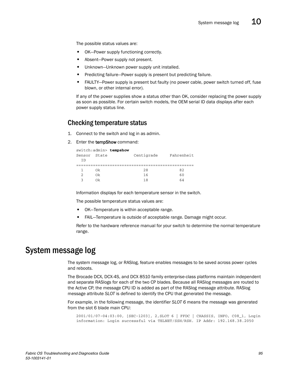 Checking temperature status, System message log | Brocade Fabric OS Troubleshooting and Diagnostics Guide (Supporting Fabric OS v7.3.0) User Manual | Page 111 / 130