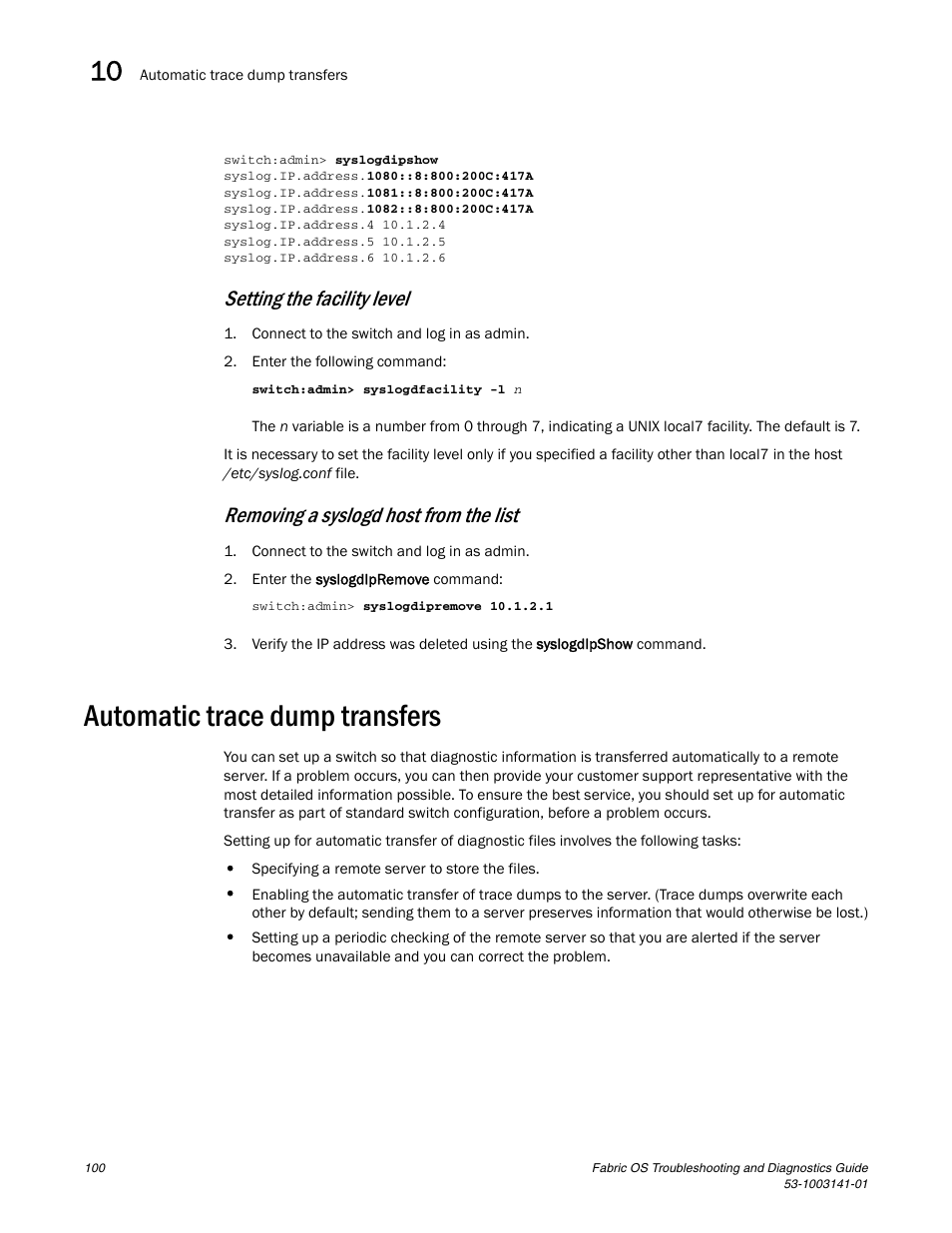 Automatic trace dump transfers, Setting the, Facility level | Setting the facility level, Removing a syslogd host from the list | Brocade Fabric OS Troubleshooting and Diagnostics Guide (Supporting Fabric OS v7.3.0) User Manual | Page 116 / 130