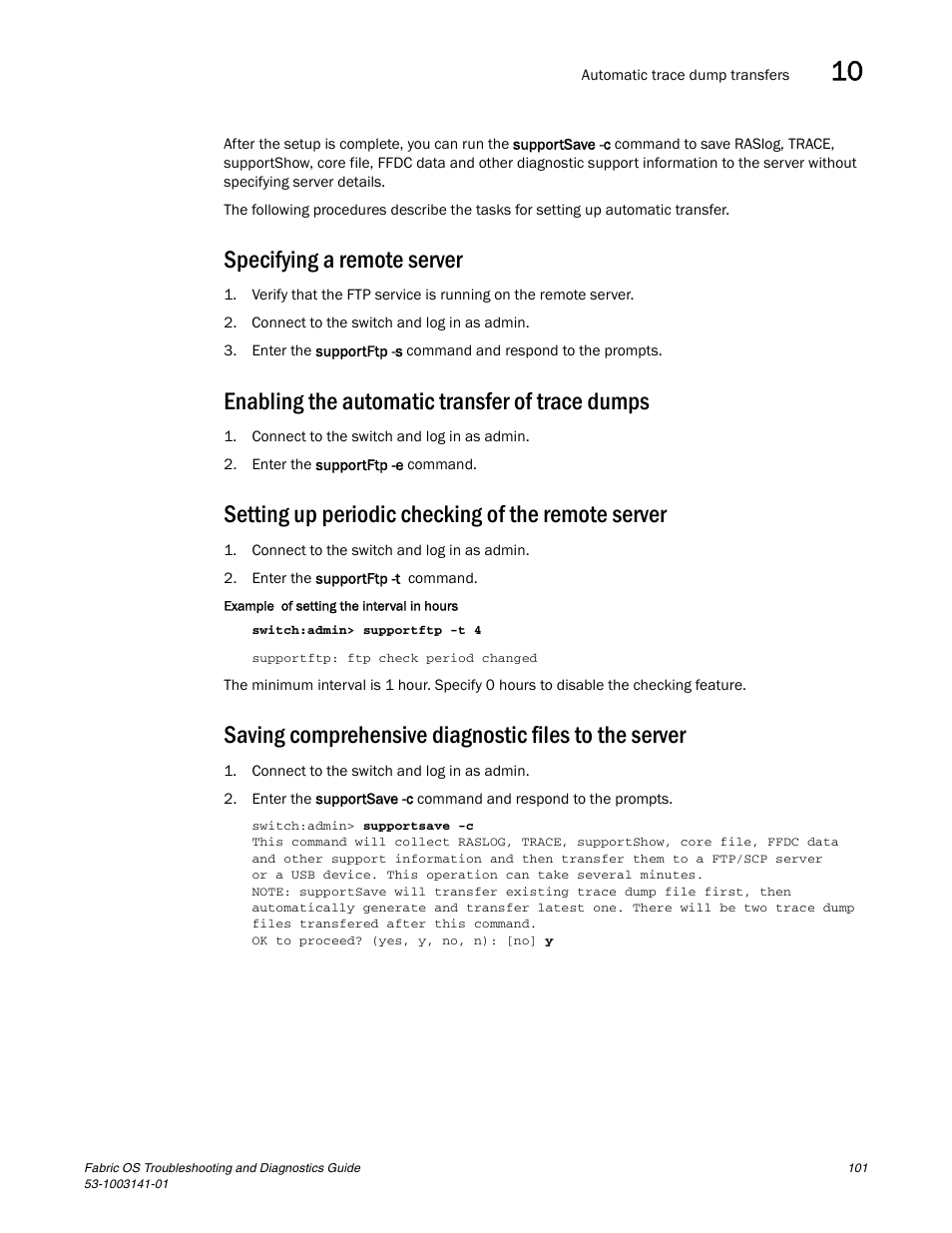 Specifying a remote server, Enabling the automatic transfer of trace dumps, Setting up periodic checking of the remote server | Brocade Fabric OS Troubleshooting and Diagnostics Guide (Supporting Fabric OS v7.3.0) User Manual | Page 117 / 130